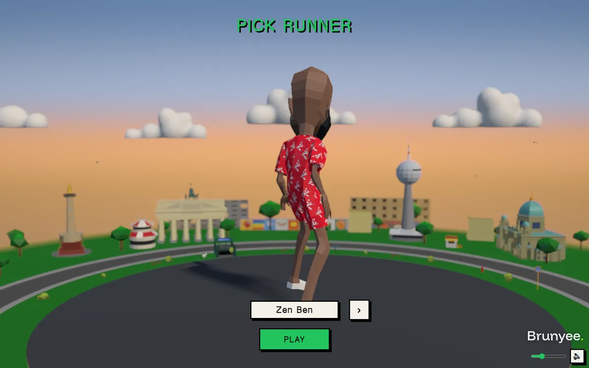A low-poly runner on a track ringed by Berlin landmarks
