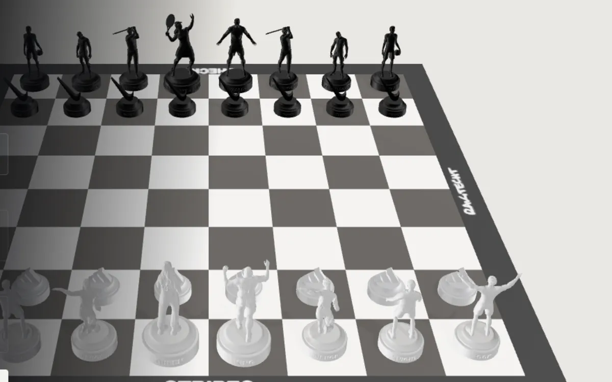 A 3D chessboard with sculpted athlete pieces