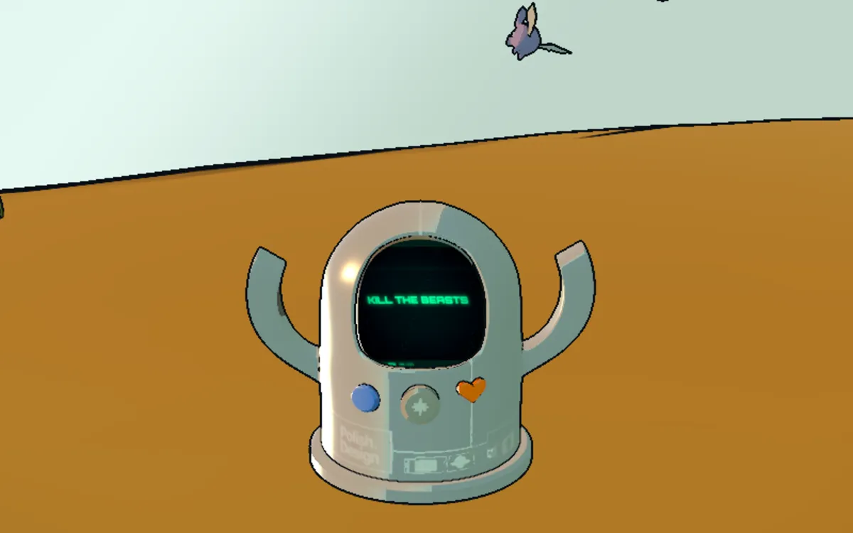 A cel-shaded robot mascot on a hillside