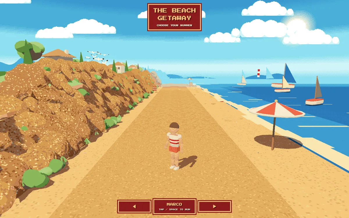 A pixel-art runner standing on a sunlit coastal path